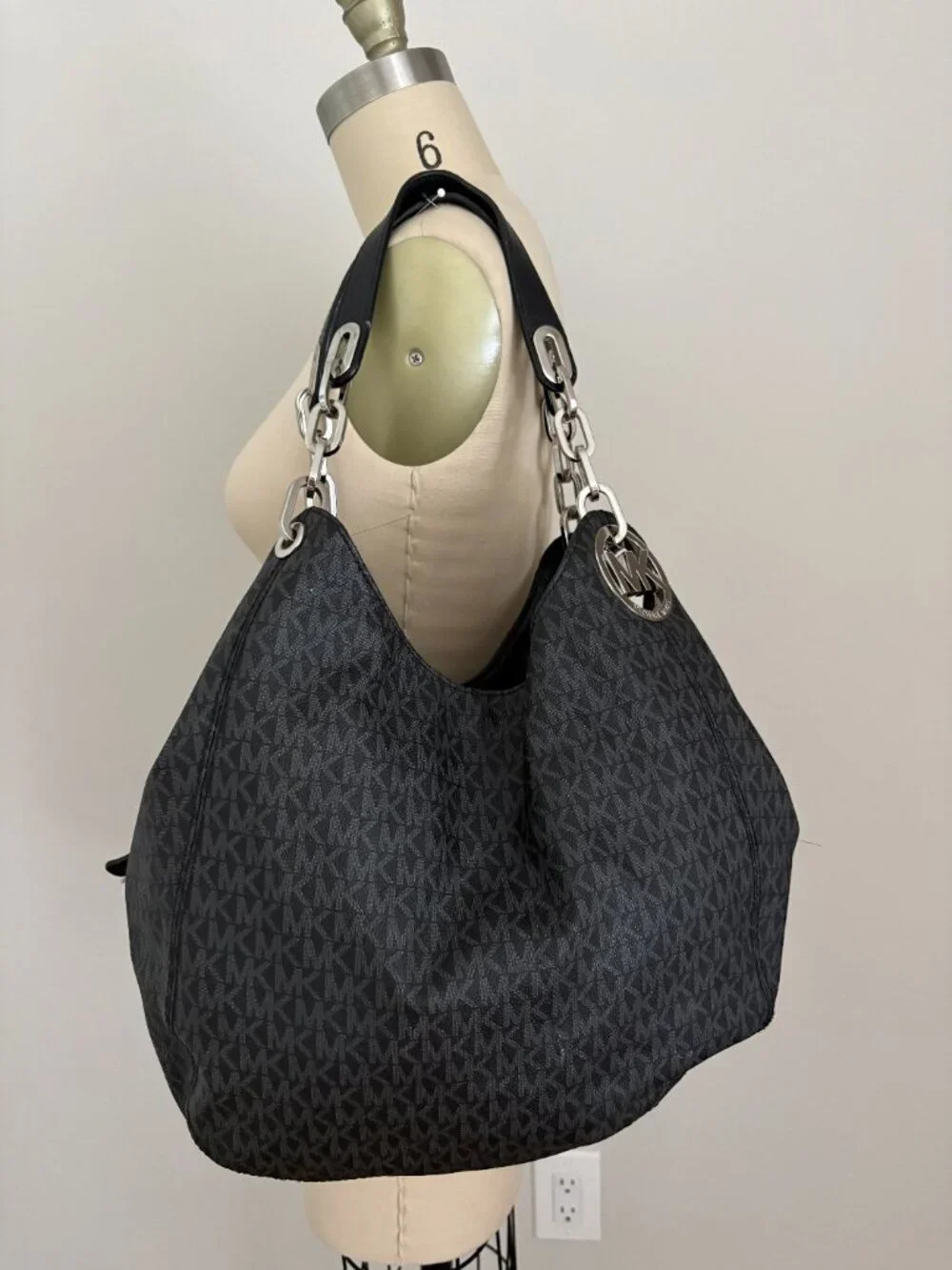 Michael Kors Fulton Large Chain Shoulder Tote Bag Black Monogram Quiet Luxury